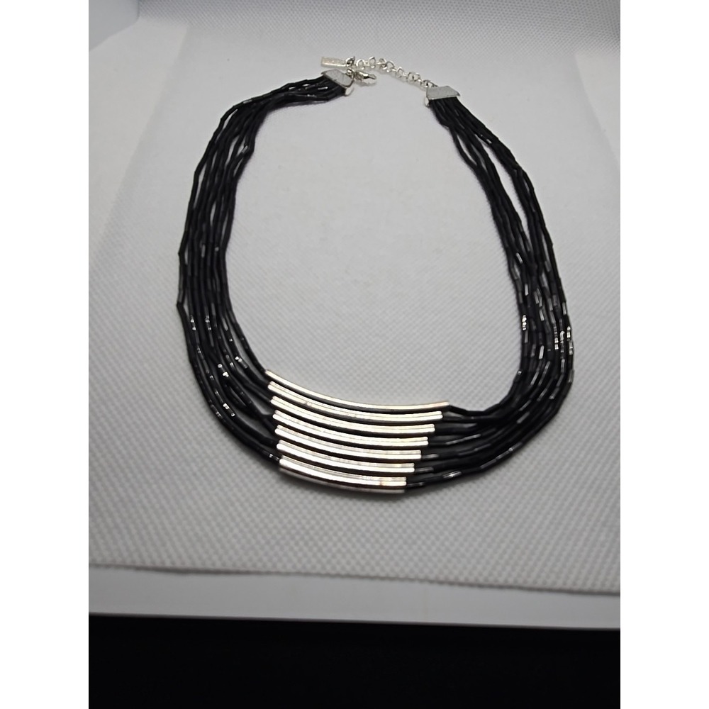 Multi Strand Black Glass Seed Bead Silver Accent Necklace Gothic Vampire Fantasy